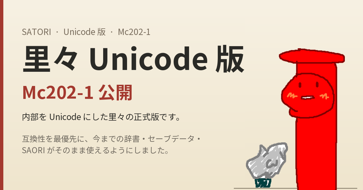 里々 Unicode 版(Mc202-1)公開。赤いポストと狛犬のイラスト